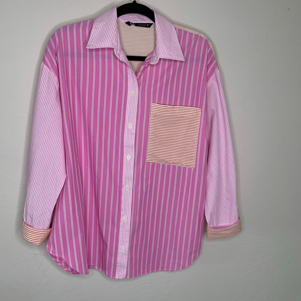 Zara Colorblock Striped Shirt Sz Small Pink Orange White - Picture 5 of 11